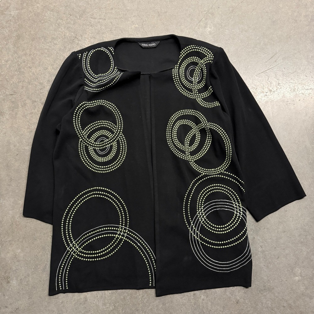 Ming Wang Black Lime Green Embroidered Circle Knit Open Front Jacket 3/4 Sleeve